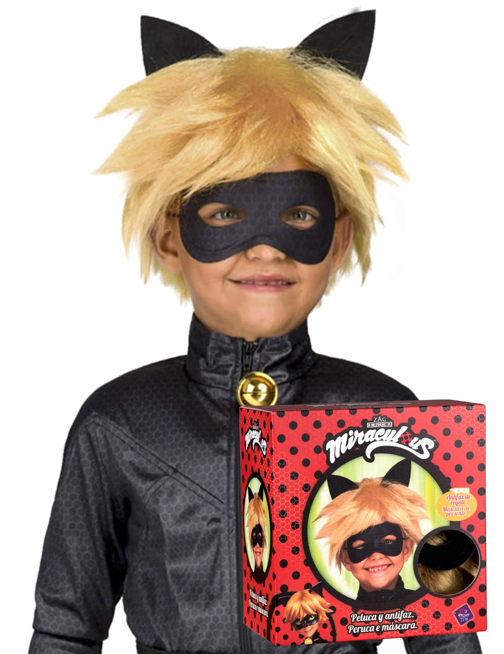 Verpackungsansicht der Perücke und Maske Chat Noir Miraculous - Ladybug™ für Kinder