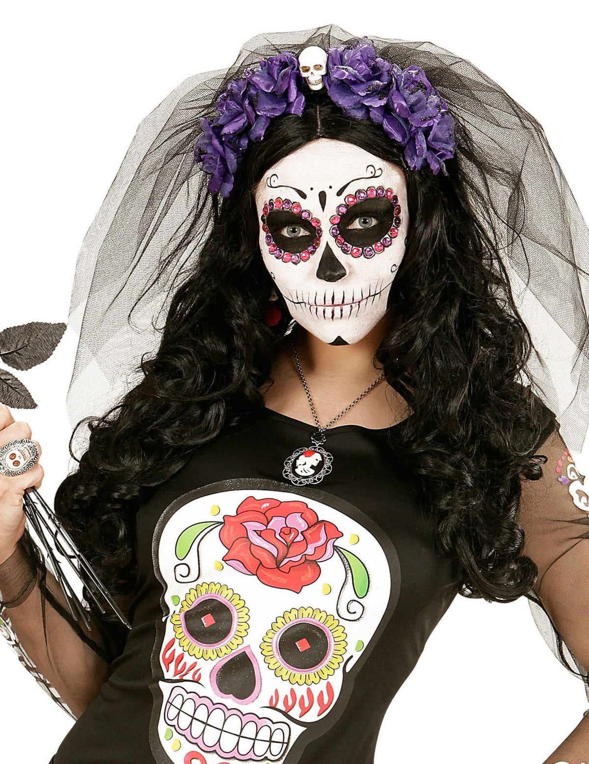 Kopfschmuck mit violetten Blumen und Totenkopf Dia de los muertos für Damen in Violett und Schwarz mit Schleier