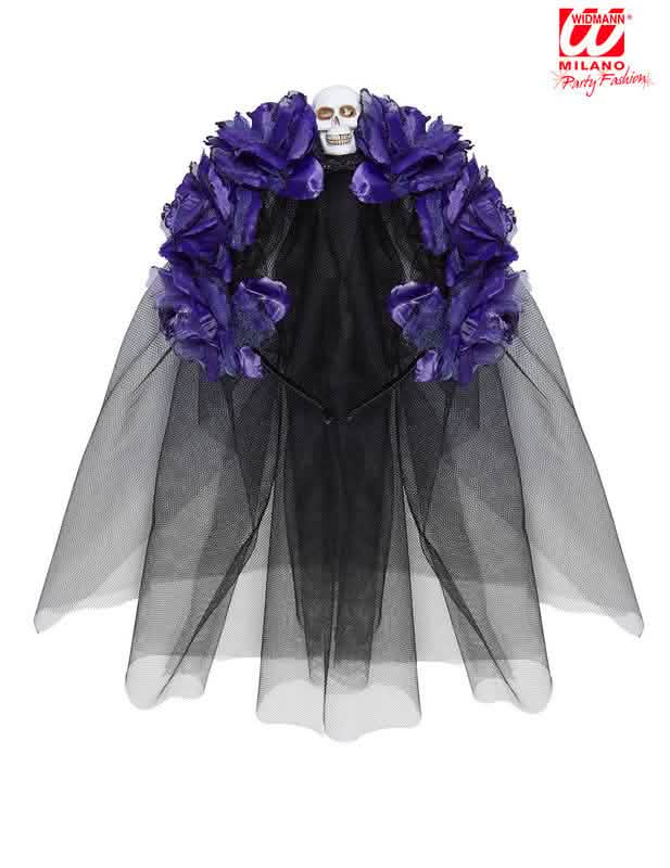 Ansicht des Schleiers des Kopfschmucks mit violetten Blumen und Totenkopf Tag der Toten