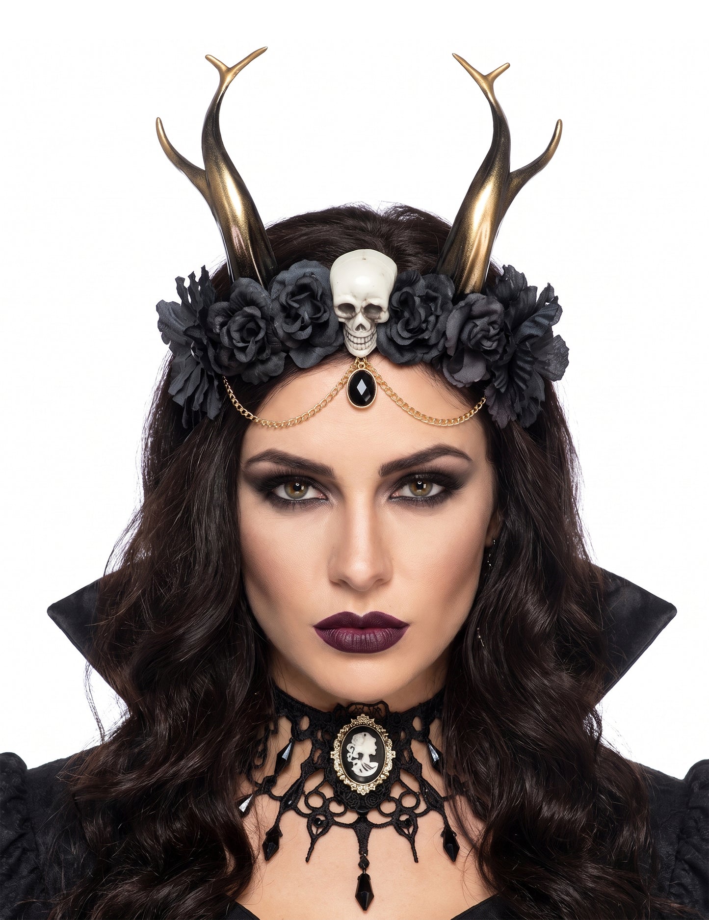 Edler Gothic-Haarschmuck mit Hörner Accessoire für Halloween schwarz-gold
