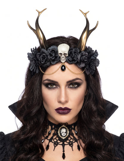 Edler Gothic-Haarschmuck mit Hörner Accessoire für Halloween schwarz-gold