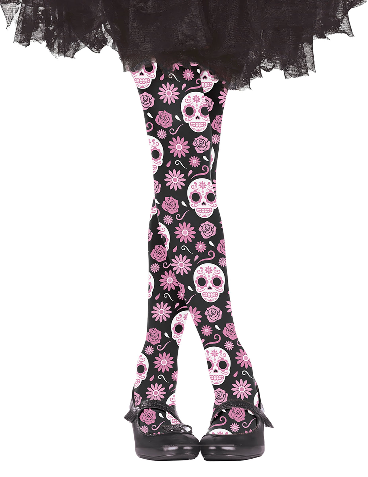 Collants Catrinas pour enfant noir avec têtes de mort roses et blanches