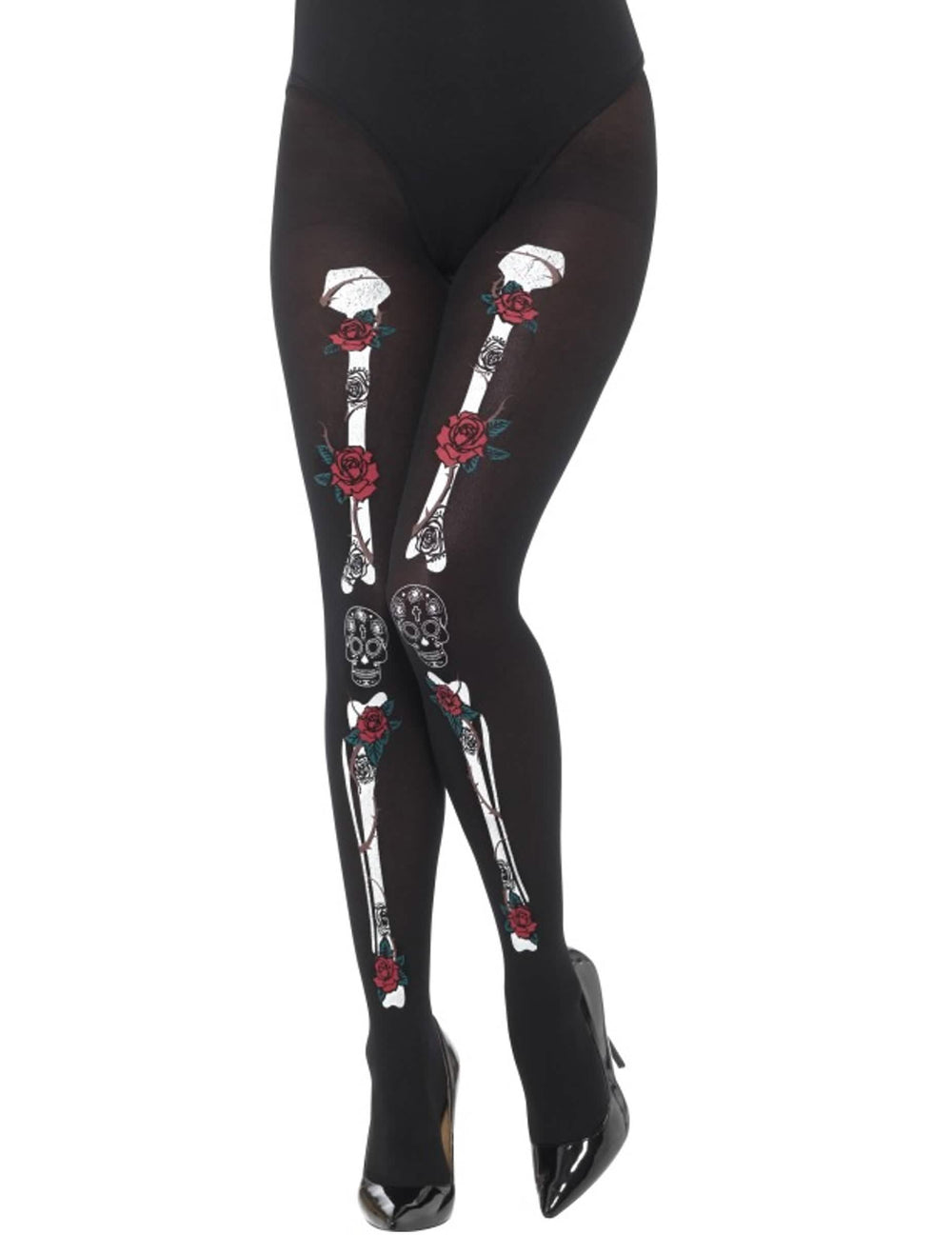 Skelett-Strumpfhose Tag der Toten für Erwachsene, schwarz mit Knochen- und roten Rosenmotiven