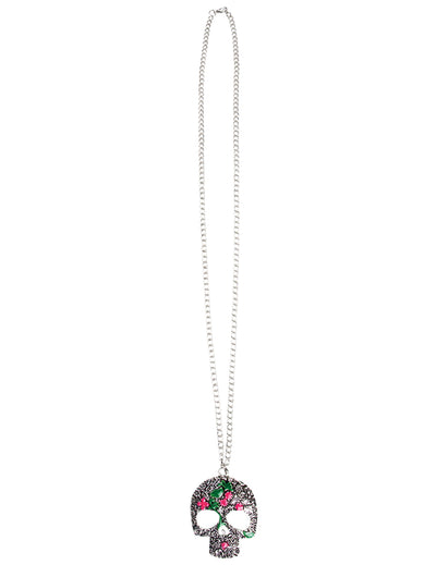 Collier Dia de los muertos pour femme argenté avec pendentif tête de mort fleurie
