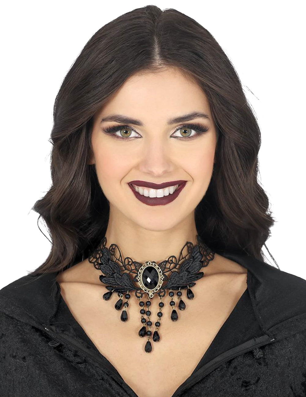 Collier en dentelle avec pierres noires pour femme noir