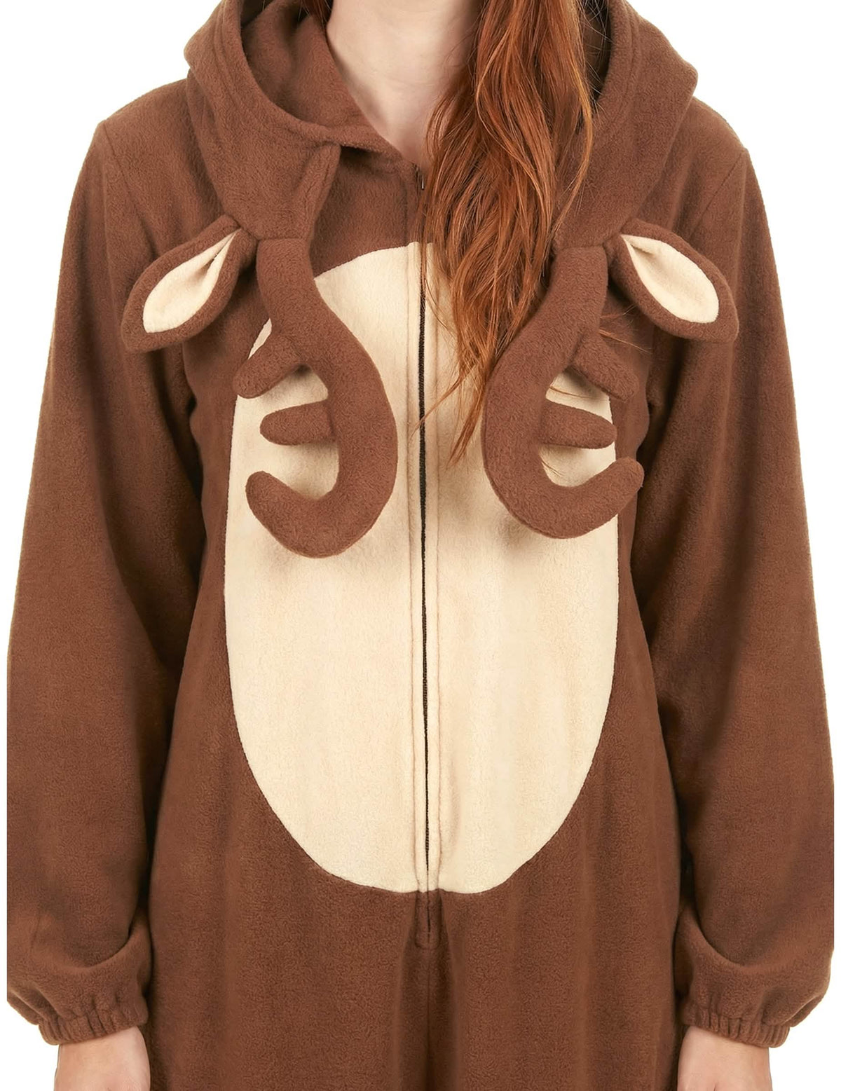 Nahaufnahme von Oberkörper und Geweih des Damen-Rentier-Hoodie-Overalls