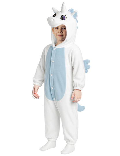 Vue de face de la combinaison licorne pour enfant blanche et bleue