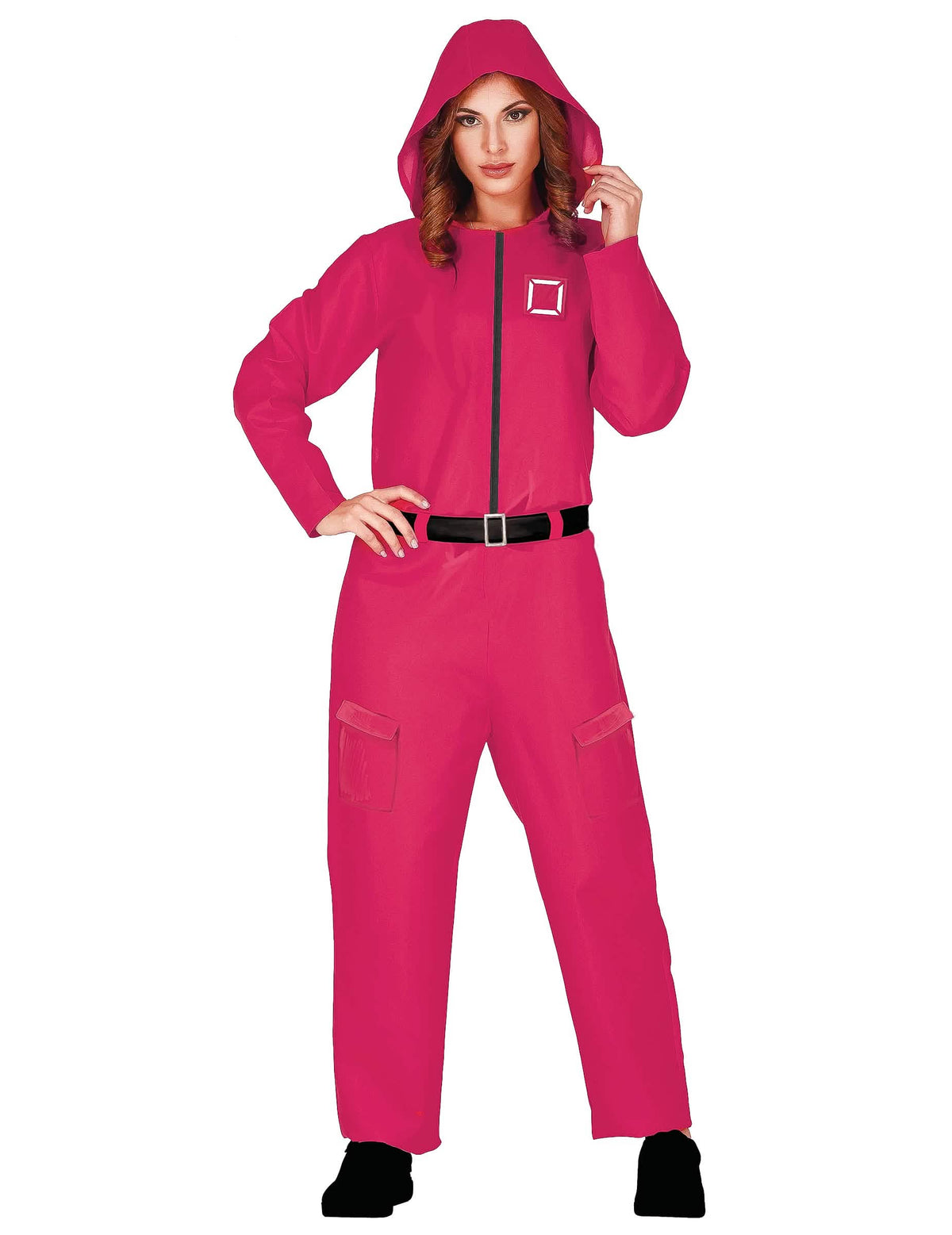 Combinaison de gardien de jeu pour femme rose avec capuche et ceinture noire