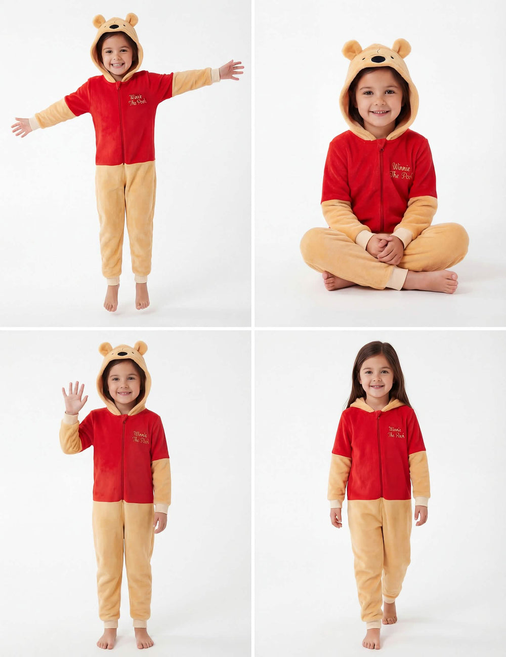 Verschiedene Frontansichten des Winnie-Puuh-Overalls