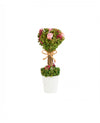 Composition de fleurs séchées et roses pour décoration avec roses roses et nœud en jute dans un pot blanc