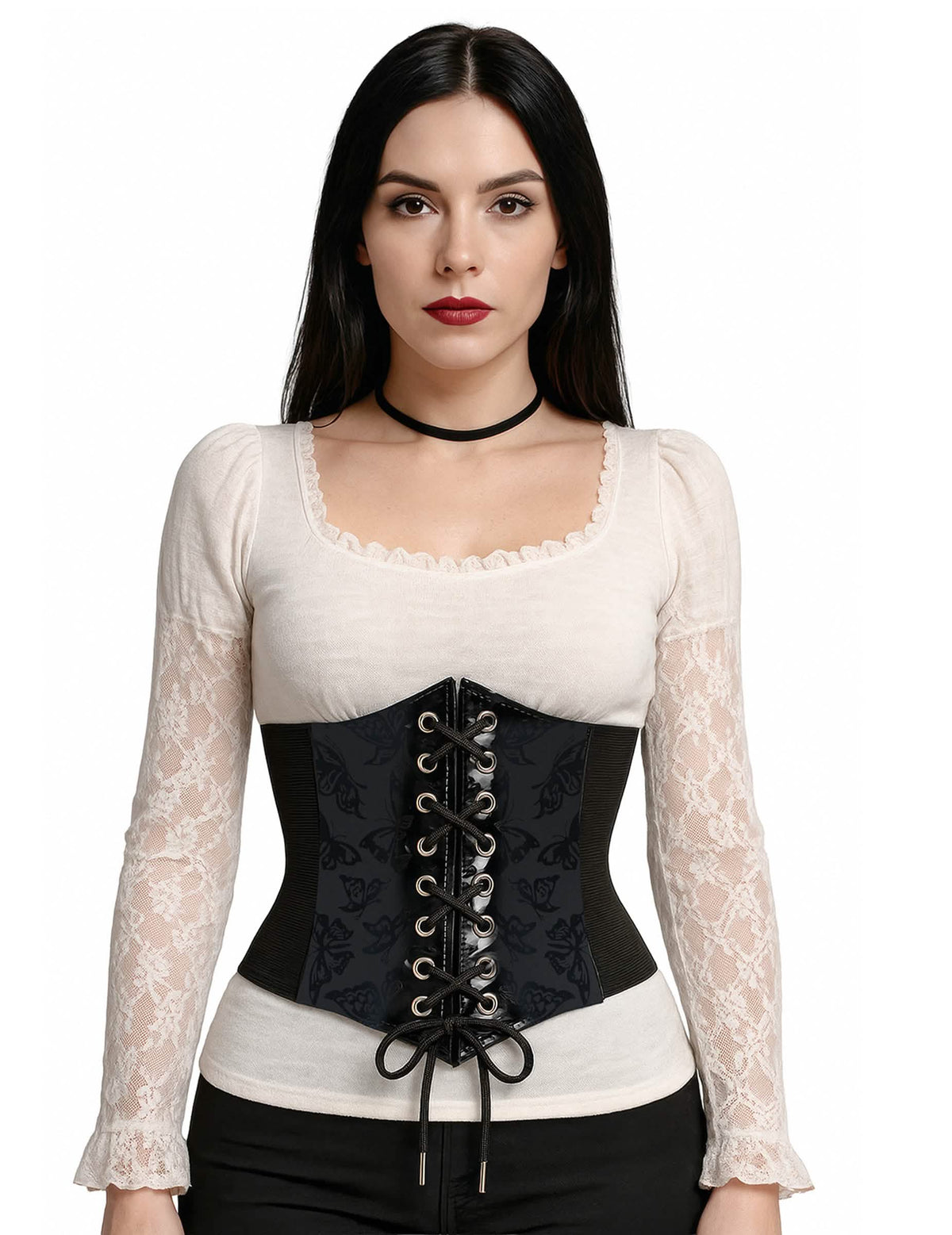 Elastisches Korsett mit Schmetterling-Muster für Damen Schwarz mit Frontschnürung