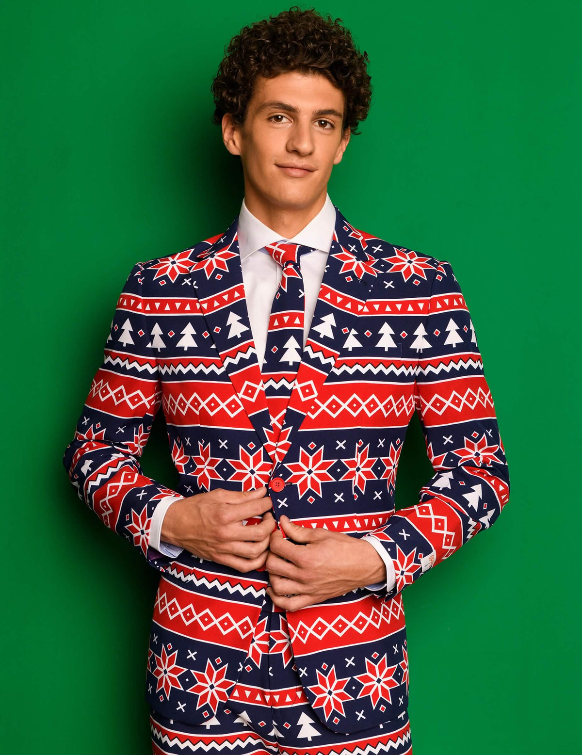 Costume Mr. Nordic Xmas pour homme bleu et rouge à motifs scandinaves