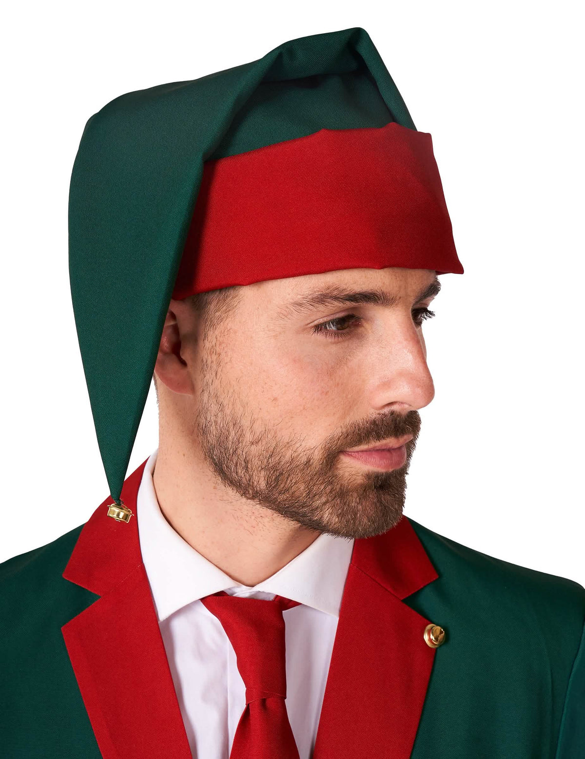Vue de profil du bonnet du costume Elfe du Père Noël Suitmeister