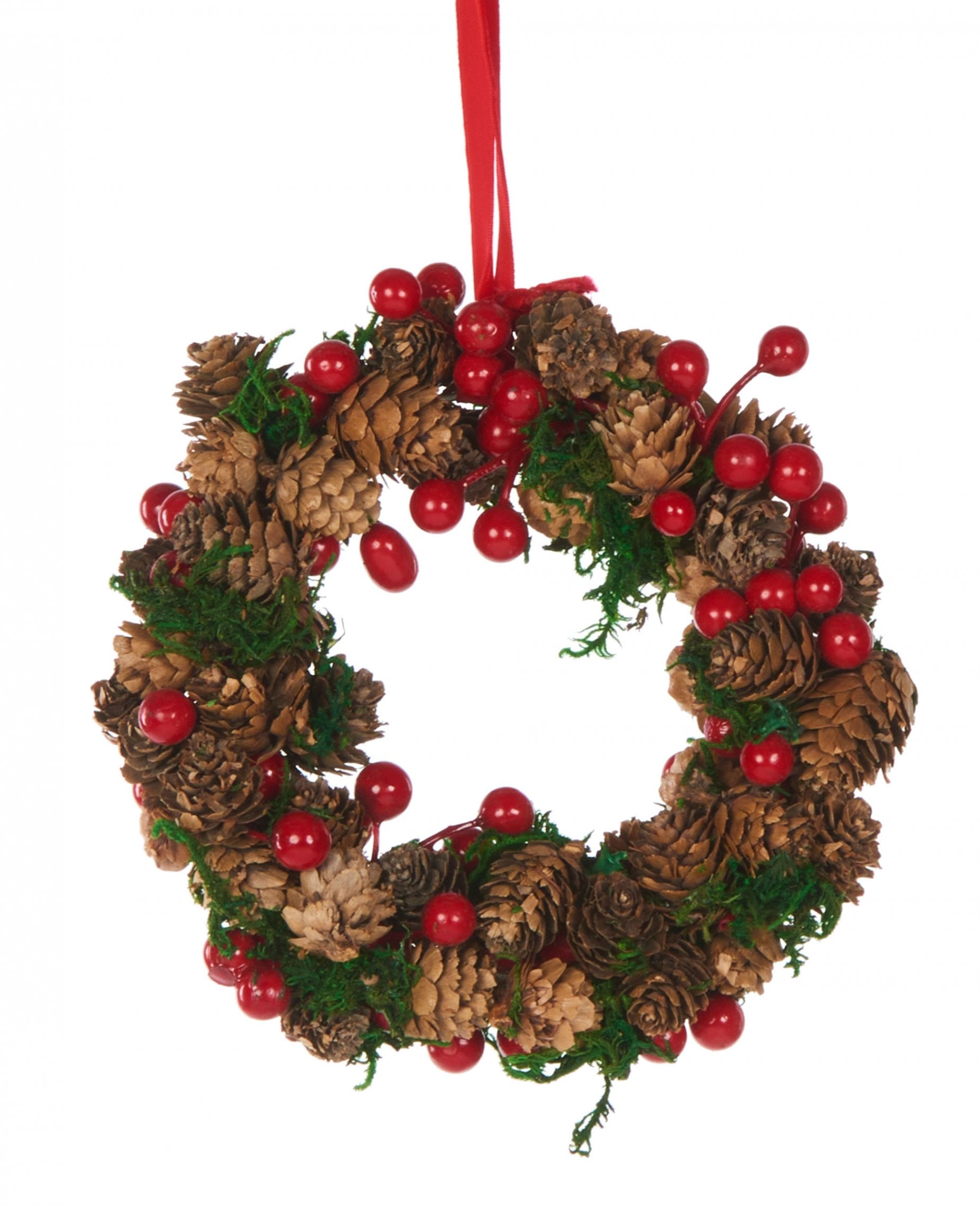 Couronne à suspendre traditionnelle pour décoration de Noël avec baies rouges et pommes de pin