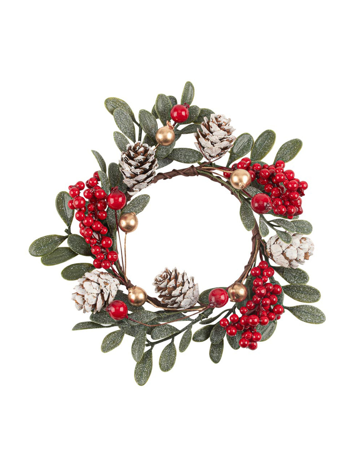 Dekorationskranz mit Blättern Beeren und Zapfen grün-rot-gold 15 cm