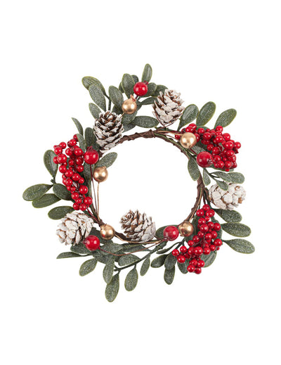 Dekorationskranz mit Blättern Beeren und Zapfen grün-rot-gold 15 cm