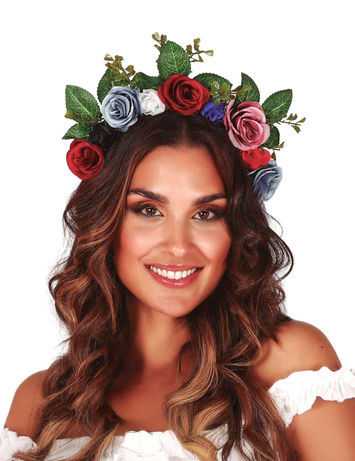 Dunkler Blumenkranz für Damen mit roten und blauen Rosen