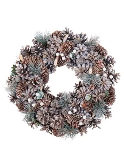 Couronne de Noël forêt enchantée aux éléments naturels marron et blanc avec pommes de pin
