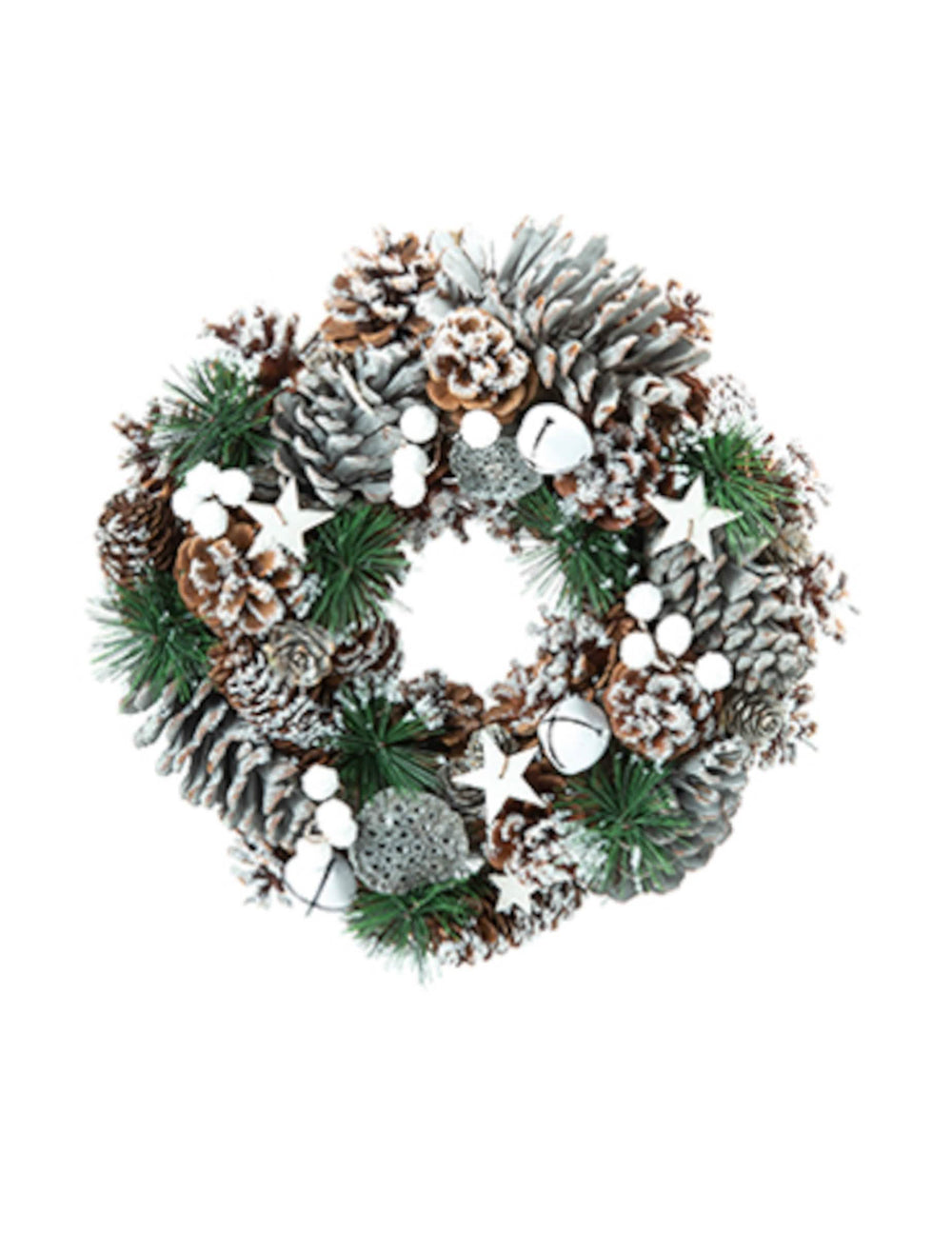Couronne de Noël naturelle pommes de pin enneigées blanc et vert avec étoiles et grelots