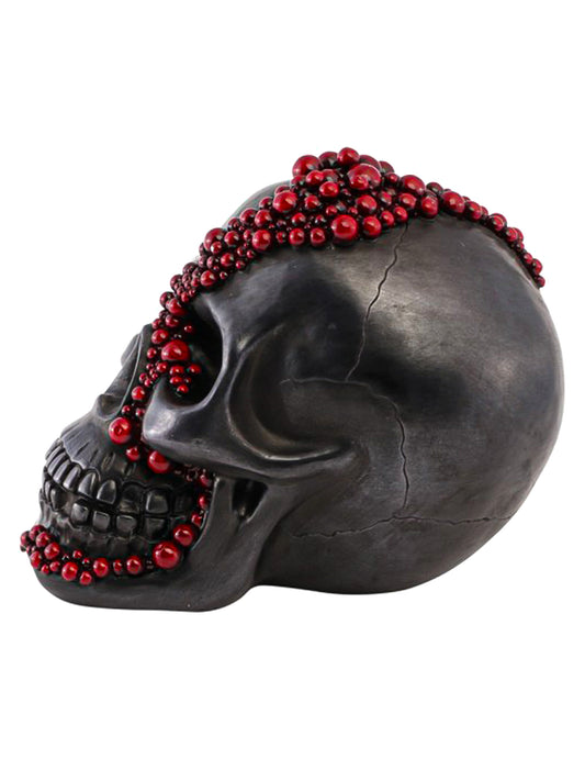 Deko-SchÃ¤del aus schwarzem Resin mit roten Perlen 15 x 23 x 18 cm