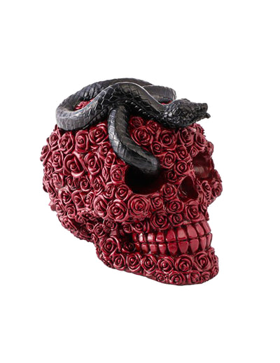 Deko-Totenkopf mit roten Rosen und Schlange (10,5 x 15 x 13 cm)