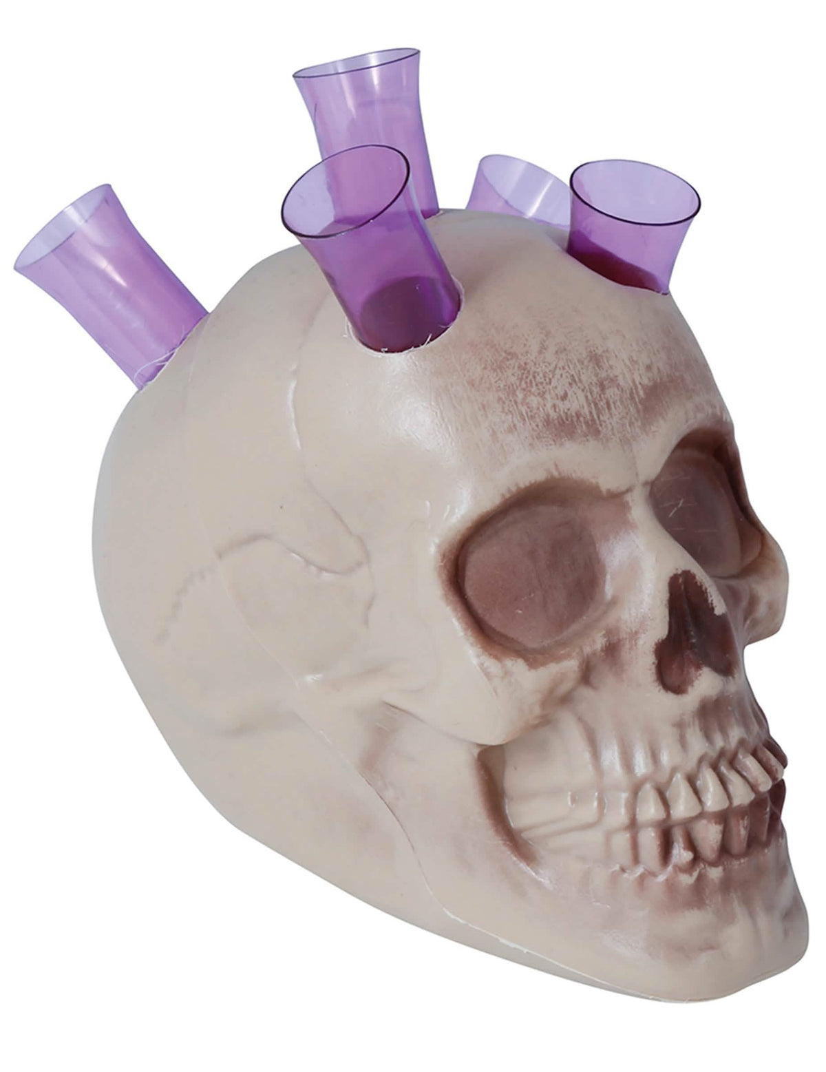 Schädel-Shotglasständer für Erwachsene Beige mit violetten Gläsern