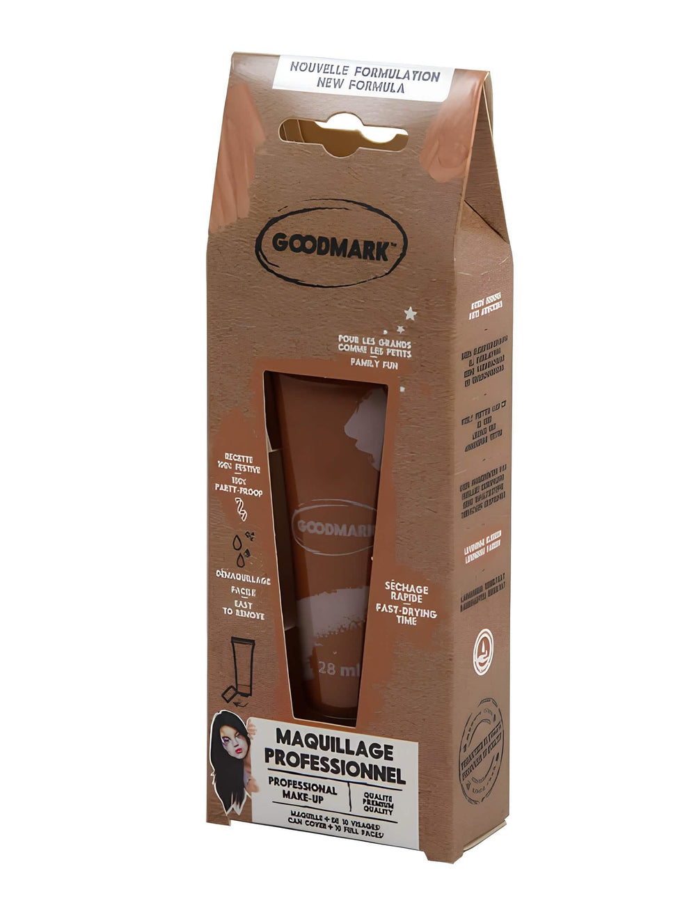Dreiviertelansicht der Verpackung der professionellen Braun Schminke auf Wasserbasis