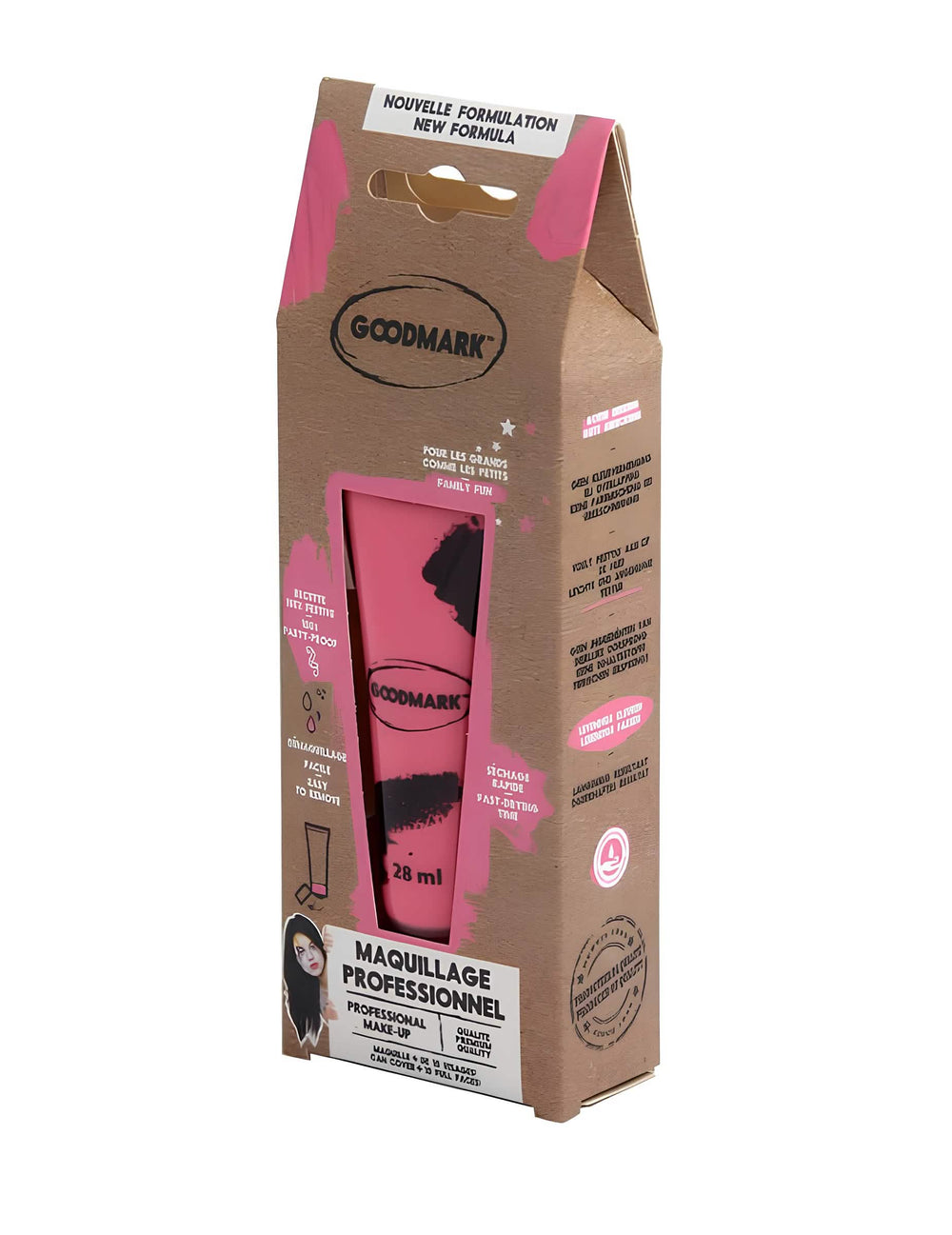 Dreiviertelansicht der Verpackung der professionellen Rosa, Pink Wasser-Schminke-Creme