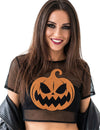 Damen Crop Top Netzoptik KÃ¼rbis Halloween