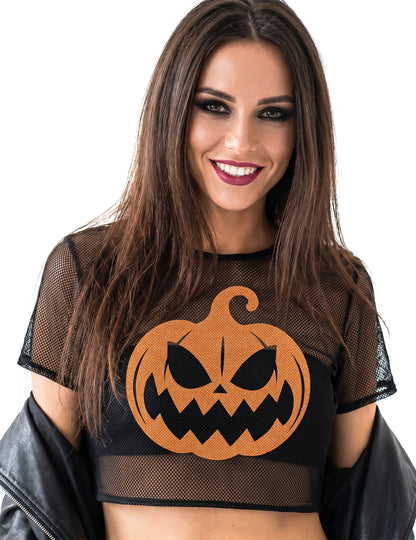 Damen Crop Top Netzoptik KÃ¼rbis Halloween