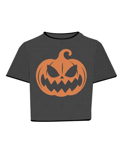 Damen Crop Top Netzoptik KÃ¼rbis Halloween
