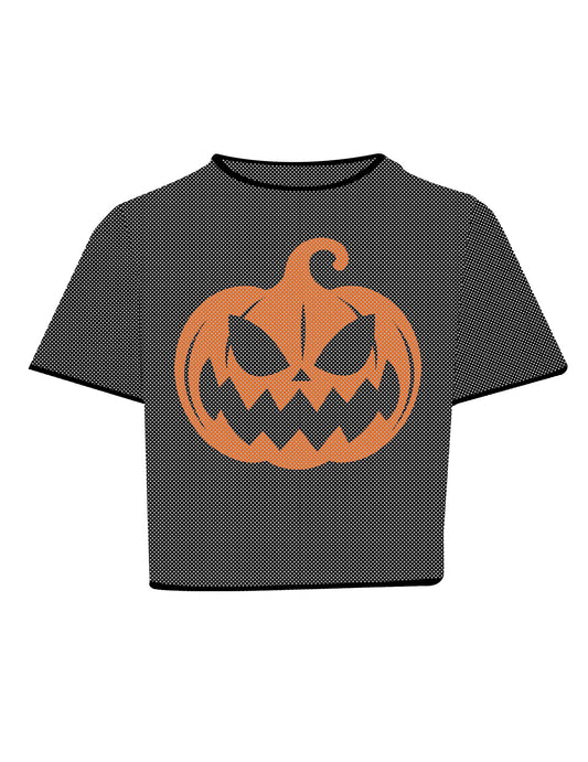 Damen Crop Top Netzoptik KÃ¼rbis Halloween