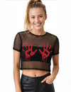 Netz-Crop-Top fÃ¼r Erwachsene schwarz mit blutigen HandabdrÃ¼cken