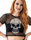 Crop-Top aus Netzstoff mit Totenkopf-Motiv schwarz