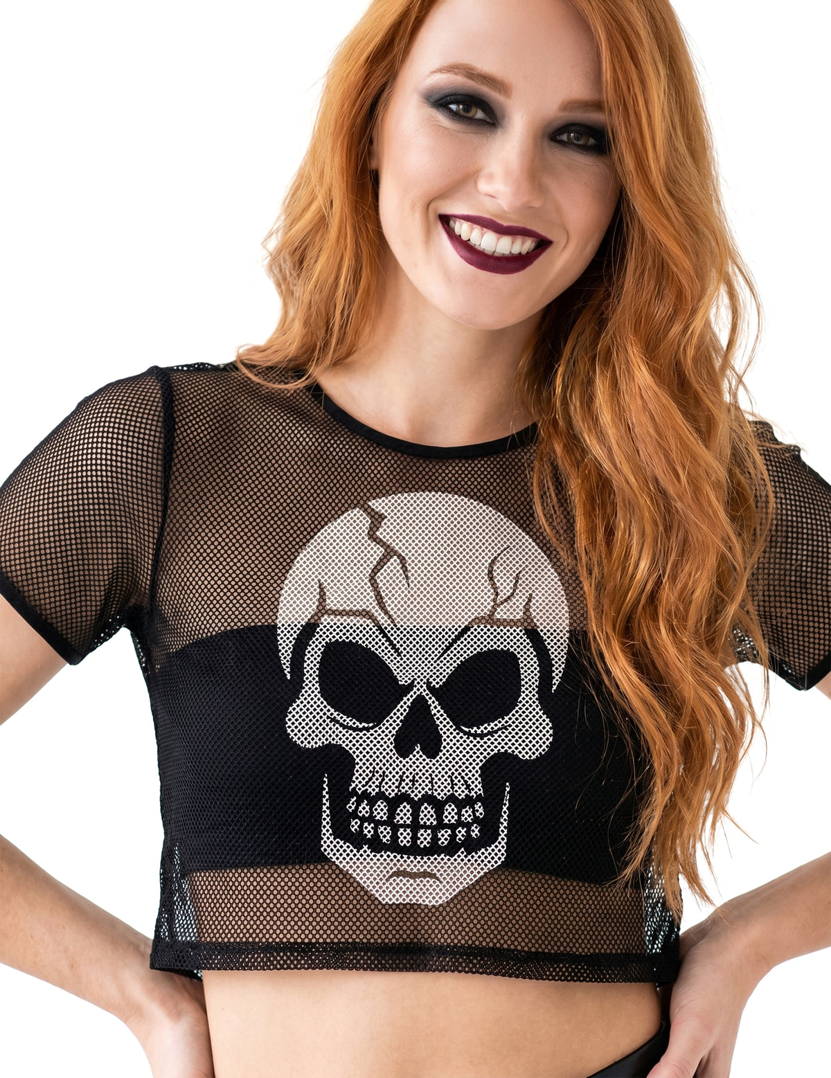 Crop-Top aus Netzstoff mit Totenkopf-Motiv schwarz