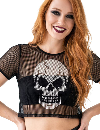 Crop-Top aus Netzstoff mit Totenkopf-Motiv schwarz