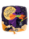 Ballon aluminium sorcière pour Halloween violet et orange avec inscription Happy Haunting