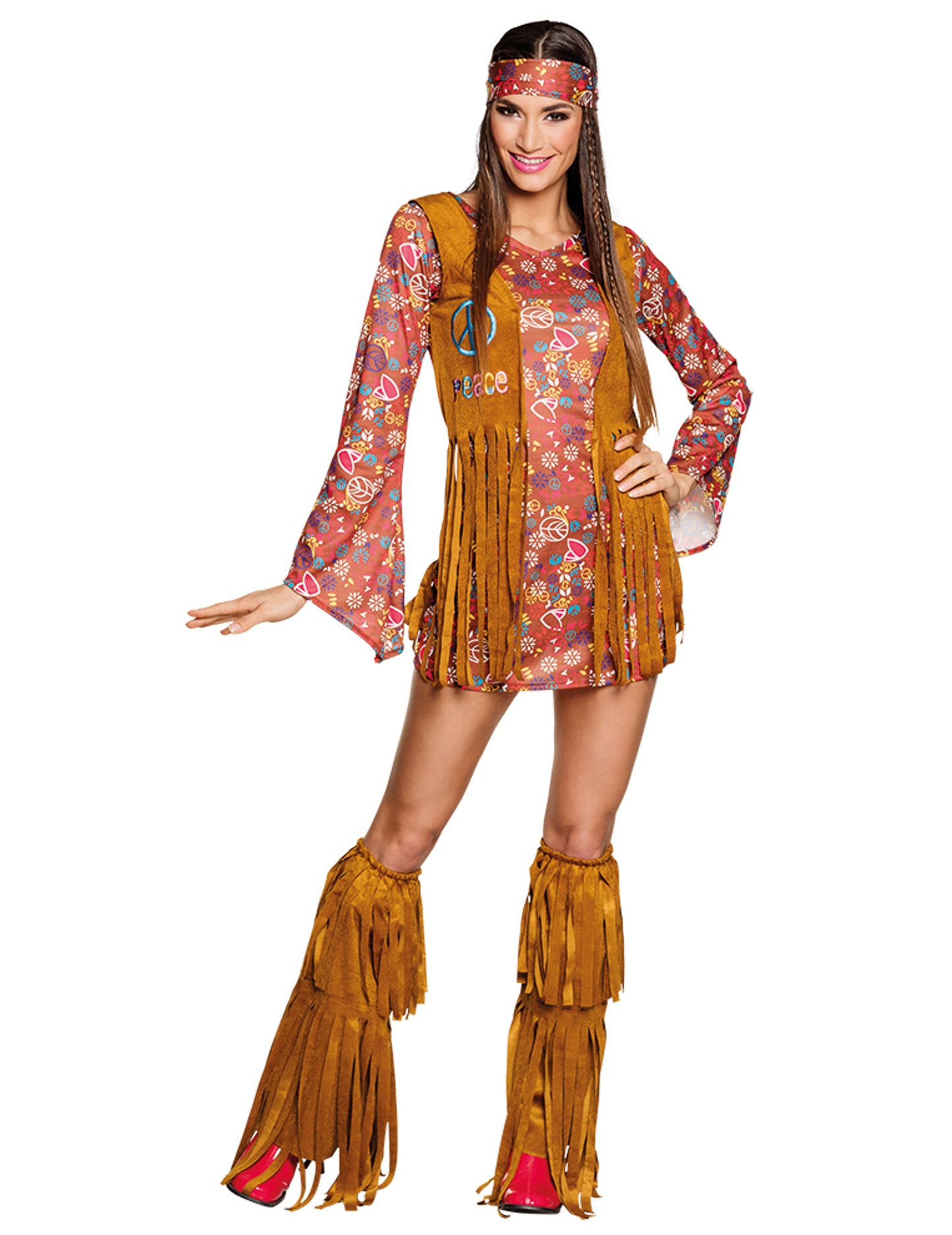 Mise en situation du déguisement hippie Peace à franges