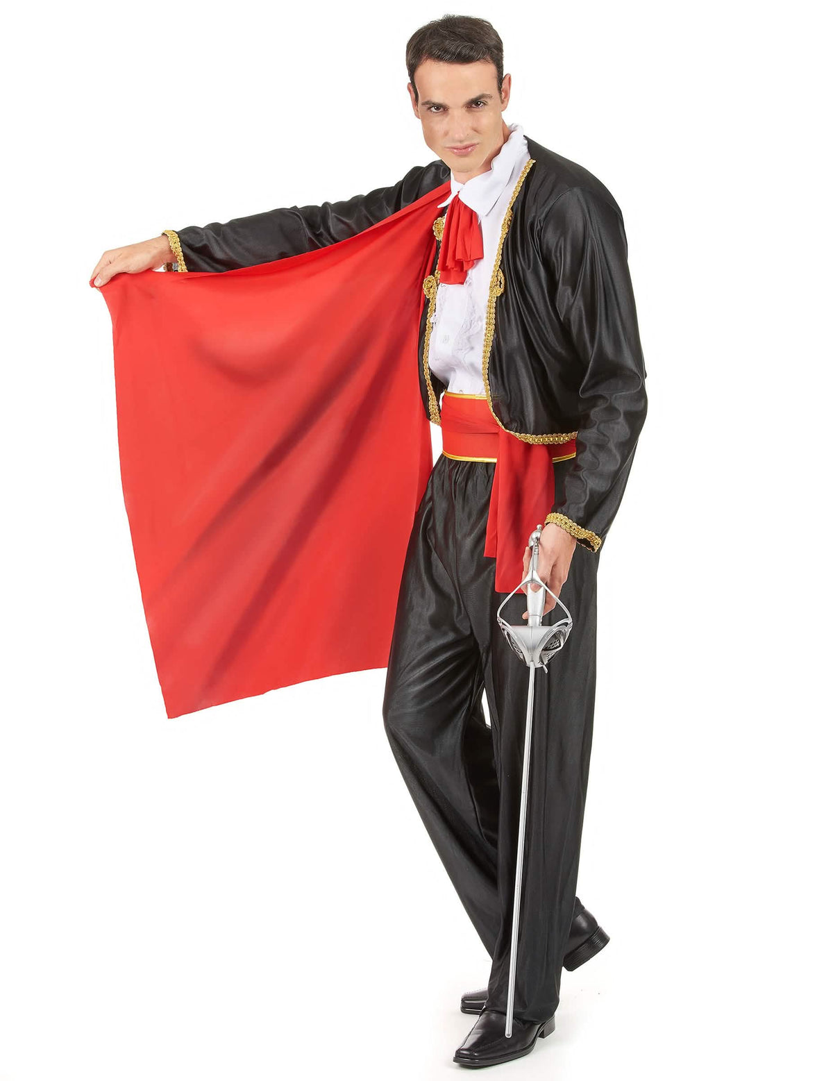 Matador-Kostüm für Herren in Schwarz und Rot mit Goldverzierungen und Umhang