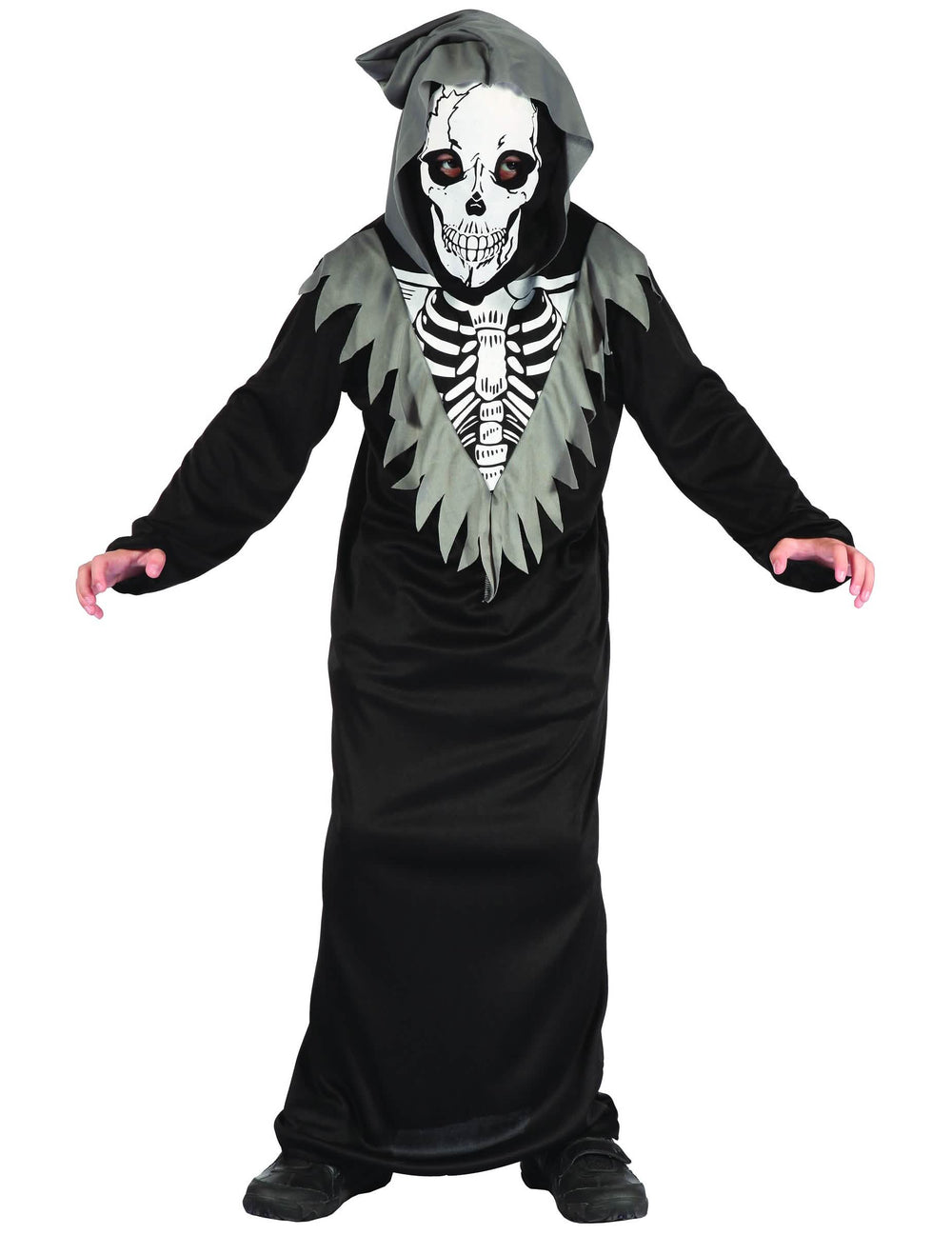 Skelett-Sensenmann-Kostüm für Jungen in Schwarz und Farbe Grau mit Totenkopfmaske