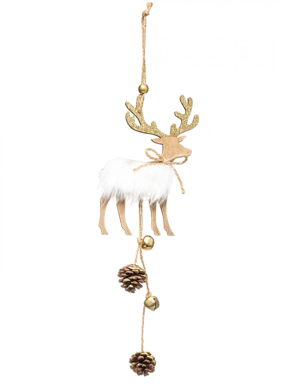 Holz-Hängedekoration Rentier für Weihnachten in Weiß und Gold mit Fell