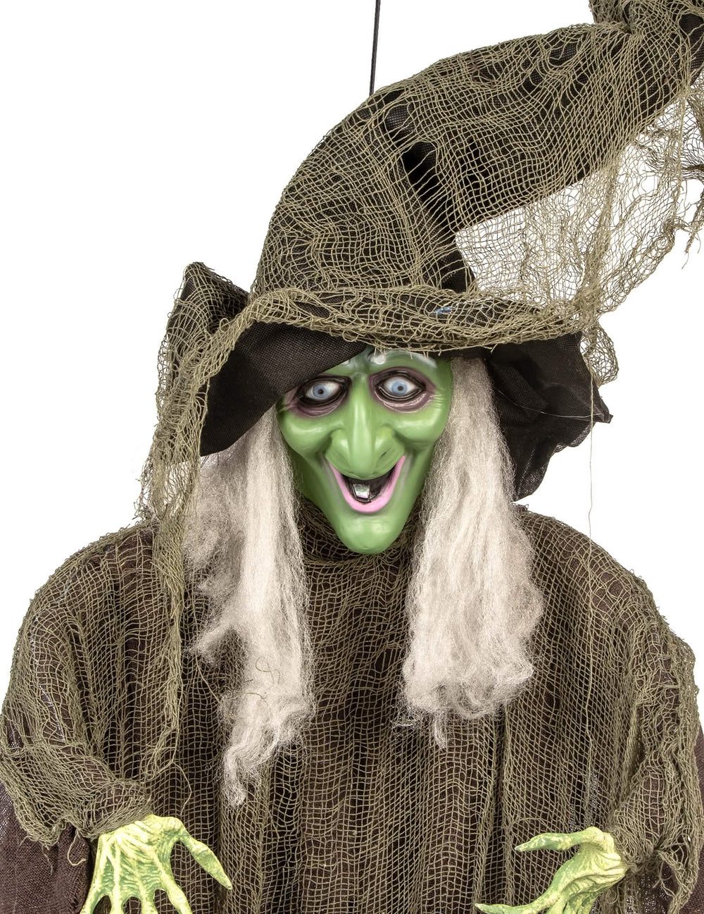Nahaufnahme des Gesichts der hängenden Hexen-Dekoration für Halloween