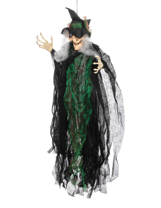 Hängedekoration Hexe für Halloween, schwarz und grün, leuchtend
