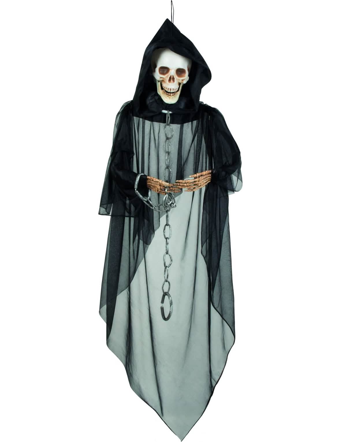 Décoration à suspendre squelette enchaîné pour Halloween noir avec voile et chaînes