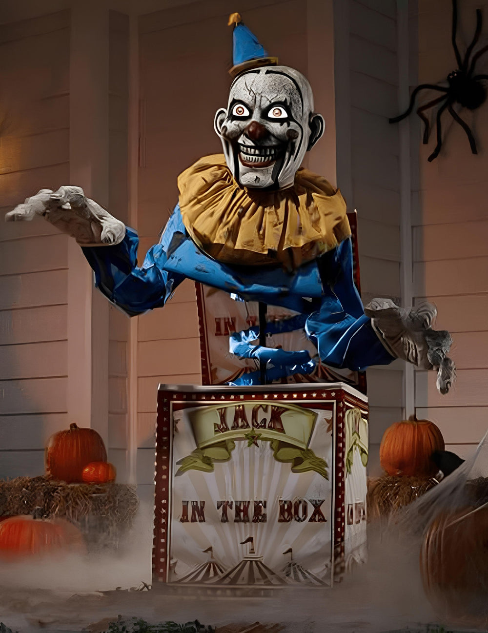 Décoration animée clown Jack in the box pour Halloween bleu et jaune