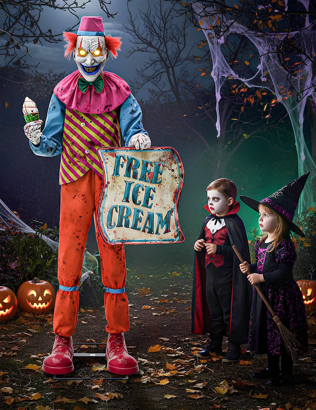 Décoration animée Clown Terrifiant pour Halloween avec son et lumières et panneau Free Ice Cream