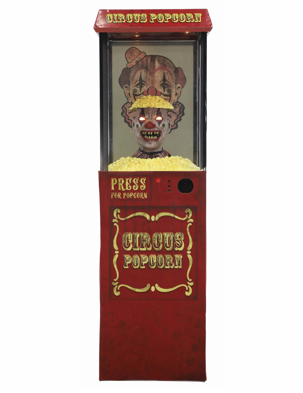 Vue de face de la décoration animée Distributeur de Pop-Corn Clown Effrayant