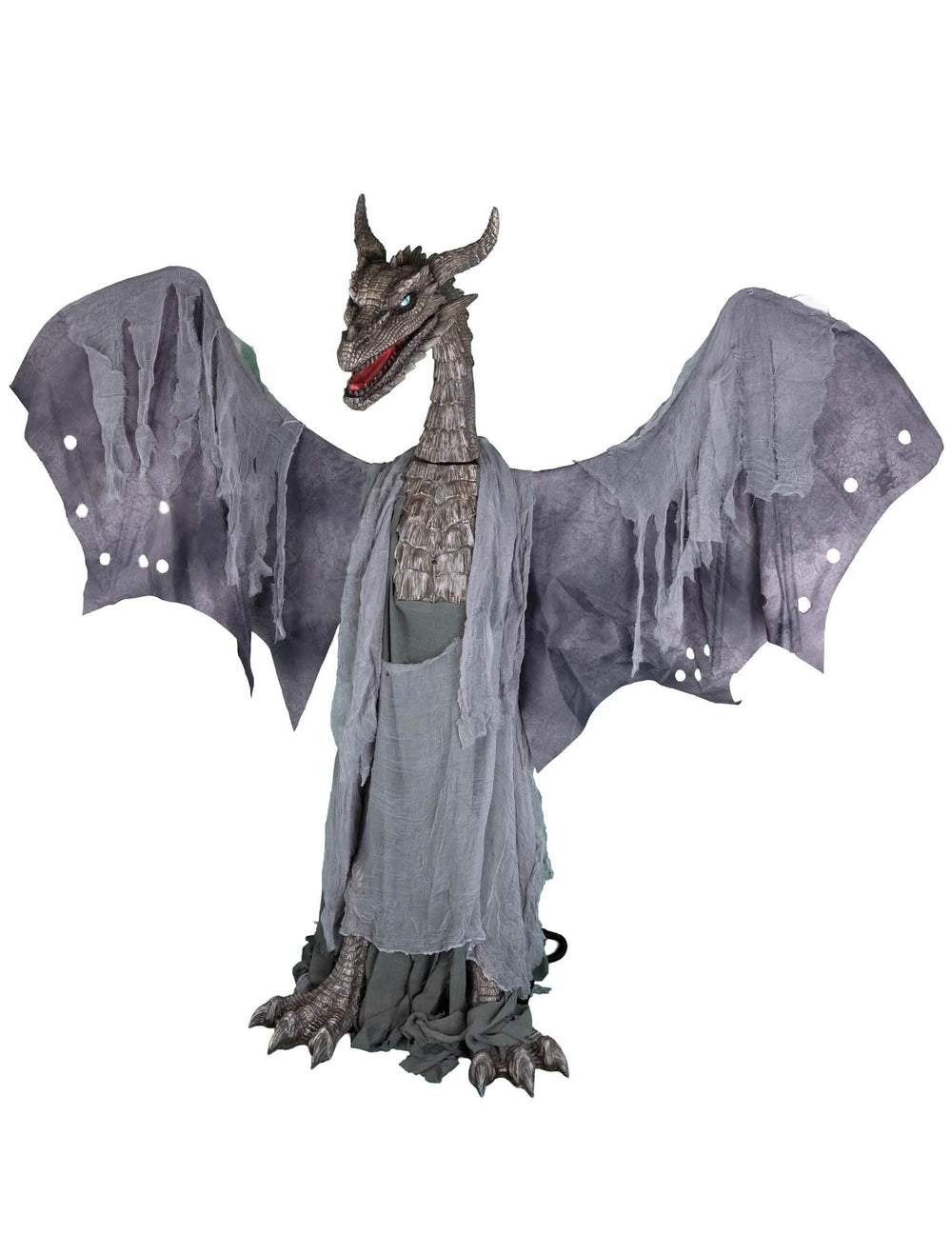Animierte Deko feuerspeiender Drache Farbe Grau mit großen ausgebreiteten Flügeln