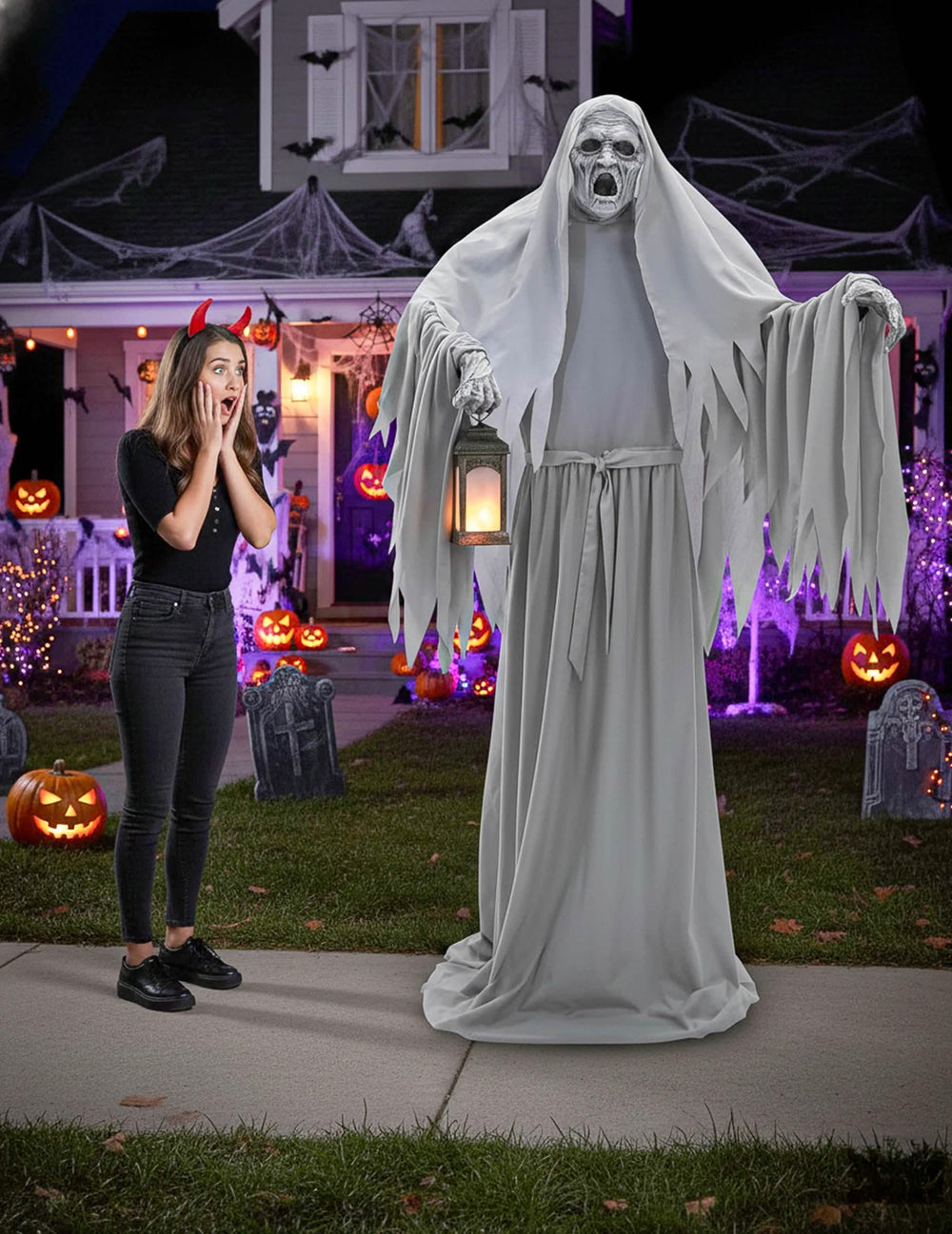 Décoration animée Fantôme flottant pour Halloween gris avec lanterne sonore et lumineuse