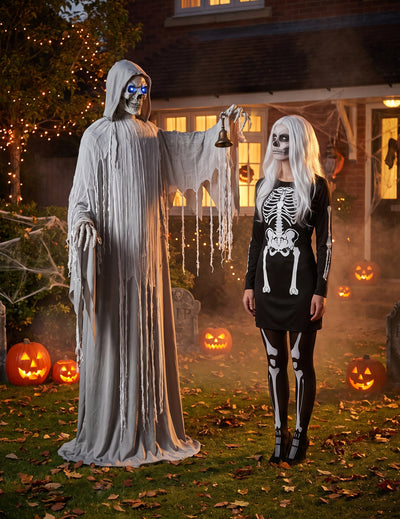 Halloween Dekofigur Skelett-Reaper animiert 182 cm mit Glocke
